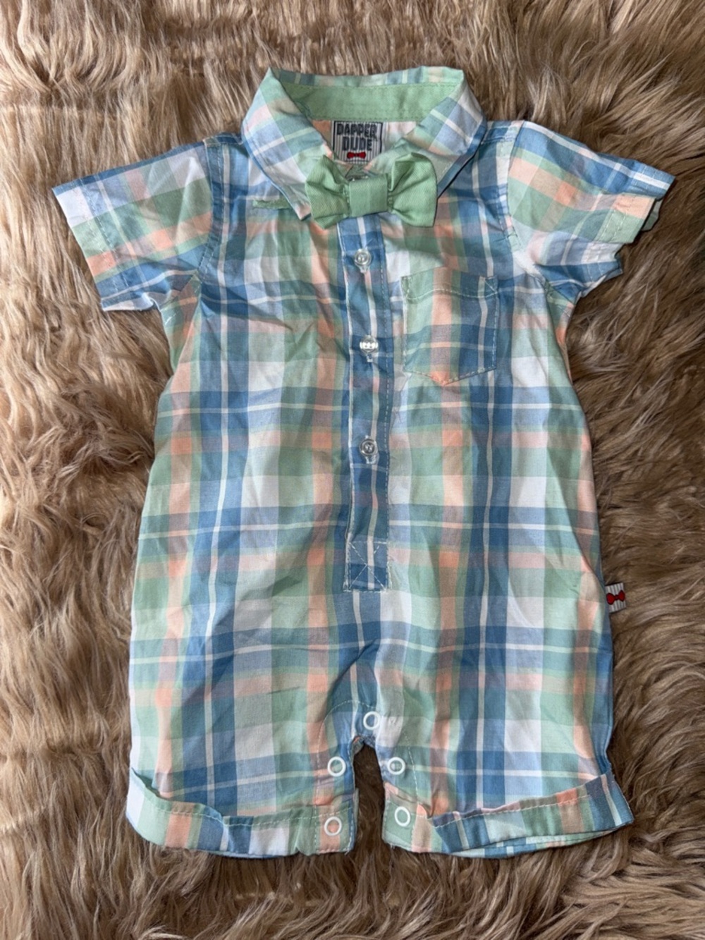 Dapper Dude Plaid Button Romper with Bowtie - Mint, Peach & Blue 3-6m